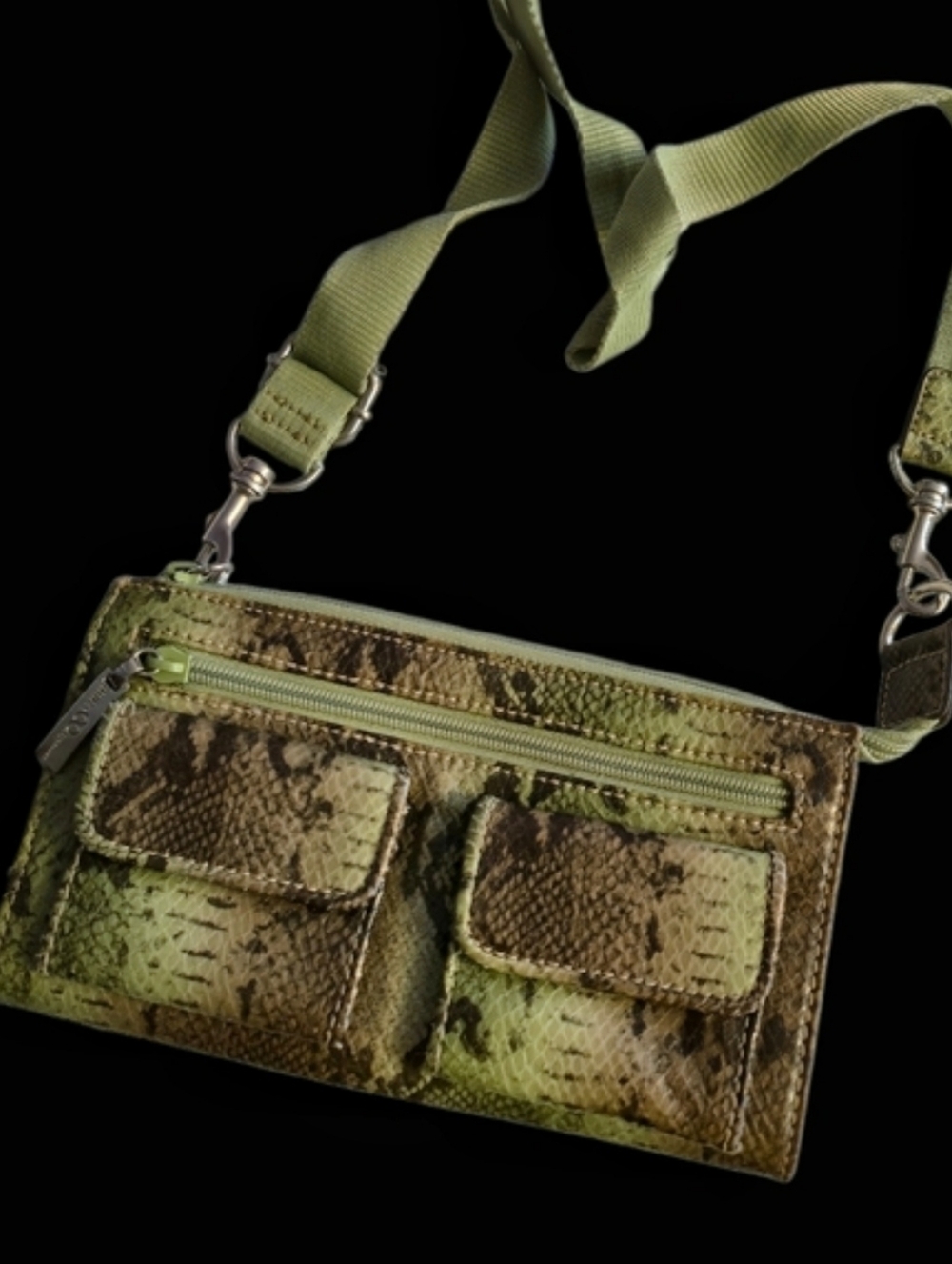 Nine & Co. Small Green and Brown Snake Print Crossbody Bag.